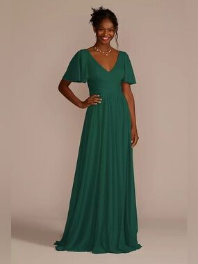 David's Bridal Green Flutter Sleeve V-Neck Maxi Dress